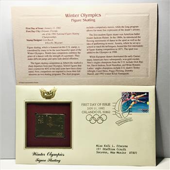 22K Gold Replica Stamp on FDC*1992 Winter Olympics; Figure Skating*Postmarked w/ Original 29c Stamp