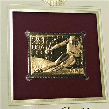 22K Gold Replica Stamp on FDC*1992 Winter Olympics; Skiing*Postmarked w/ Original 29c Stamp