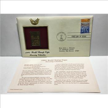 22K Gold Replica Stamp on FDC*1992 World Stamp Expo; Honoring Columbus*Postmarked w/ Original 29c Stamp