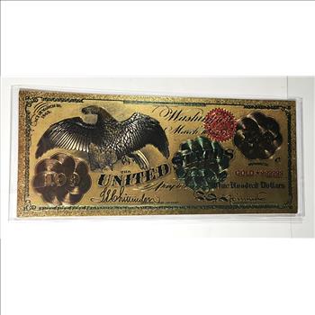 24K Gold Foil 1863 $100 National Bank Note Replica*Large Note in Protective Sleeve