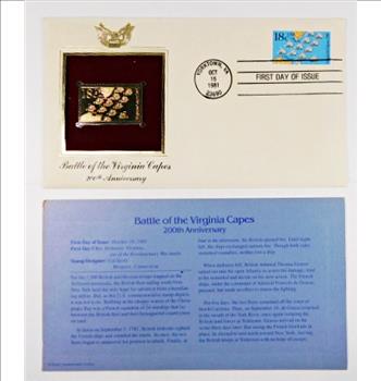 24K Gold Foil Stamp of Original 18c Battle of the Virginia Capes Stamp and FDC*Postmarked 1981 From Yorktown, VA