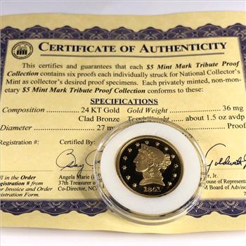 24K Gold Layered 1841 $5 Liberty Eagle Replica*Proof DCAM*In Protective Capsule
