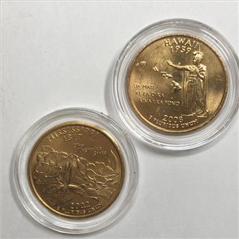 24K Gold Layered 2002-P Mississippi and 2008-D Hawaii State Commemorative Quarters*In Protective Capsules