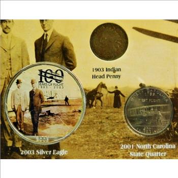 First Flight Coin Collection - 100 Years of Flight - Wright Brothers - w/2003 Colorized 1 oz American Silver Eagle - 1903 Indian Head Cent - 2001 North Carolina Quarter - 2002 Ohio State Quarter