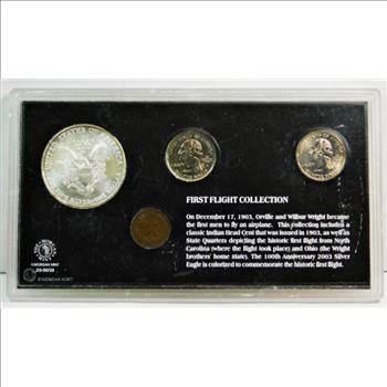 First Flight Coin Collection - 100 Years of Flight - Wright Brothers - w/2003 Colorized 1 oz American Silver Eagle - 1903 Indian Head Cent - 2001 North Carolina Quarter - 2002 Ohio State Quarter