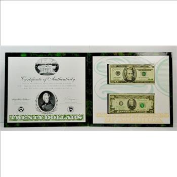 Andrew Jackson Historical Portfolio-$20 Bill Reverse Designs-Two Different Crisp Uncirculated Notes Showing Previous & Current Design-All Housed Professionally For Wall Display-BEAUTIFUL!
