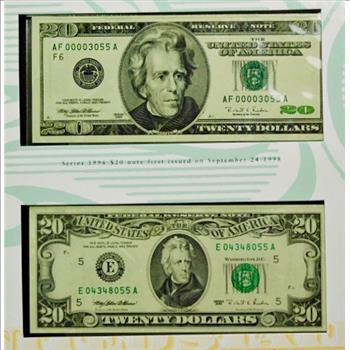 Andrew Jackson Historical Portfolio-$20 Bill Reverse Designs-Two Different Crisp Uncirculated Notes Showing Previous & Current Design-All Housed Professionally For Wall Display-BEAUTIFUL!