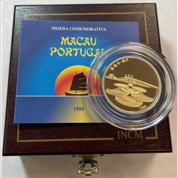 1999 Macau Portugal 500 Escudos 1/10 oz Gold over Sterling Silver Macua Transfer to China Proof Commemorative Coin - Only 10,000 Minted