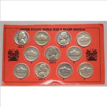 United States World War II Silver NIckels - 11 Nickel Set - 1942 P/S, 1943 P/D/S, 1944 P/D/S and 1945 P/d/S