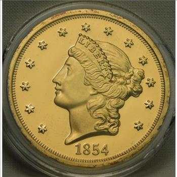 1854-S Double Eagle $20 Gold Replica - Layered 24K Gold - Gem Proof Luster - Very High Mirror - The Rarest Proof Double Eagle