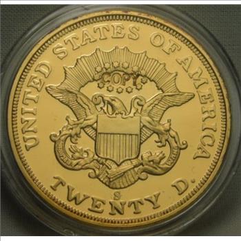 1854-S Double Eagle $20 Gold Replica - Layered 24K Gold - Gem Proof Luster - Very High Mirror - The Rarest Proof Double Eagle