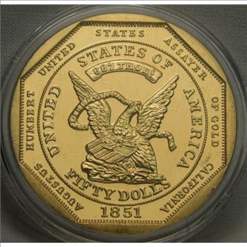 1851 Humbert U.S. Assay Office $50 Gold Replica - Layered 24K Gold - Gem Proof Luster - Very High Mirror - Historic Icon From the California Gold Rush