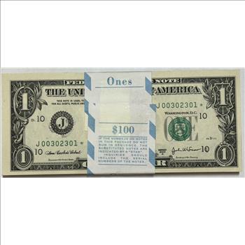 Lot of (100) STAR NOTE REPLACEMENT ERROR $1 Kansas City Federal Reserve Notes - Original Treasury Strapped and Crisp Uncirculated Star Notes