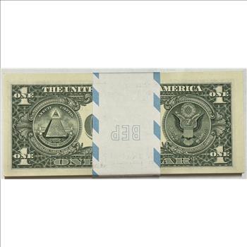 Lot of (100) STAR NOTE REPLACEMENT ERROR $1 Kansas City Federal Reserve Notes - Original Treasury Strapped and Crisp Uncirculated Star Notes