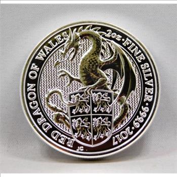2 oz .9999 Fine Silver Red Dragon of Wales 2017 Great Britain Queen's ...