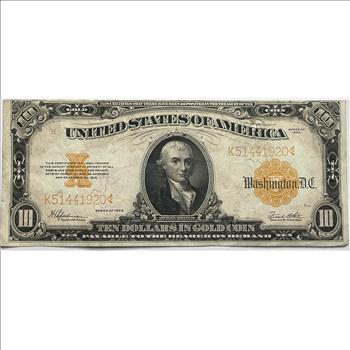 1922 $10 Large Size Gold Certificate Note Payable in Gold Coin