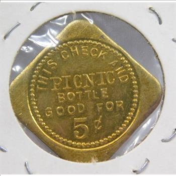 Vintage Trade Token - Davenport, Iowa - Tom Marinan - This Check and Picnic Bottle Good For 5c