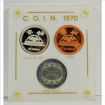 Set of (3) 1970 Convention of International Numismatics Coins - 1 oz .999 Fine Proof Silver, Copper and Cupro Nickel Coins Included in Custom Acrylic Holder