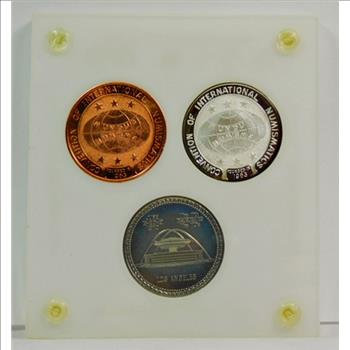 Set of (3) 1970 Convention of International Numismatics Coins - 1 oz .999 Fine Proof Silver, Copper and Cupro Nickel Coins Included in Custom Acrylic Holder