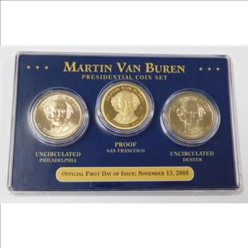First Day of Issue! - 2008 Martin Van Buren Presidential Coin Set - Uncirculated Philadelphia & Denver with Proof San Francisco - Three Coin Set