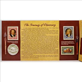 2004 Lewis And Clark Coin And Currency Set Includes Peace Medal, Keelbaot and Peace Medal Nickel, Silver Dollar, Sacagawea Dollar, Replica Buffalo 10 Dollar Note, And 3 Different Stamps