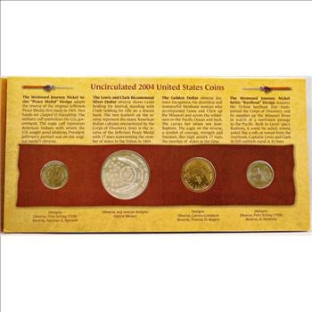 2004 Lewis And Clark Coin And Currency Set Includes Peace Medal, Keelbaot and Peace Medal Nickel, Silver Dollar, Sacagawea Dollar, Replica Buffalo 10 Dollar Note, And 3 Different Stamps