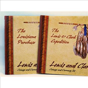 2004 Lewis And Clark Coin And Currency Set Includes Peace Medal, Keelbaot and Peace Medal Nickel, Silver Dollar, Sacagawea Dollar, Replica Buffalo 10 Dollar Note, And 3 Different Stamps