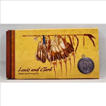 2004 Lewis And Clark Coin And Currency Set Includes Peace Medal, Keelbaot and Peace Medal Nickel, Silver Dollar, Sacagawea Dollar, Replica Buffalo 10 Dollar Note, And 3 Different Stamps