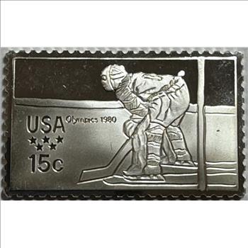 Sterling Silver Proof Bar of 1980 Ice Hockey Olympic Stamp - 12 Grams Total Weight