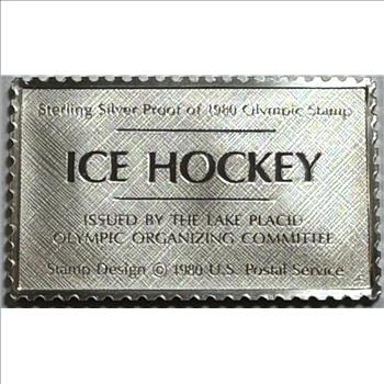 Sterling Silver Proof Bar of 1980 Ice Hockey Olympic Stamp - 12 Grams Total Weight