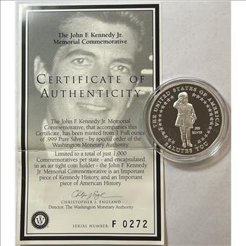 1 oz .999 Fine Silver 1999 John F. Kennedy Jr. Memorial Proof Commemorative Coin w/Numbered COA - #272 of Only 1000 Issued