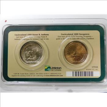 HIGH GRADE!! - 1999 and 2000 U.S. Dollar Coins - One Susan B. Anthony Dollar and One Sacagawea Dollar - Graded Uncirculated and Packaged by The Littleton Coin Company