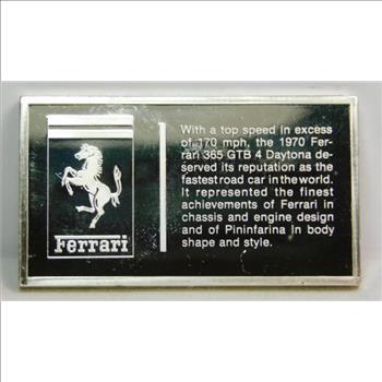 1976  2+ Troy oz Sterling Silver Proof Ingot Commemorating the 1970 FERRARI 365 GTB 4 - Minted by the Franklin Mint, This is Only 1 of 100 Ingots Commemorating the 100th Anniversary of the 1st Successful Motor Car -  Only 5,330 Struck - 2.22