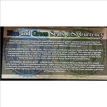 Blue and Green Seals U.S. Currency Set in Protective Folder/Wallet Issued by the First Commemorative Mint