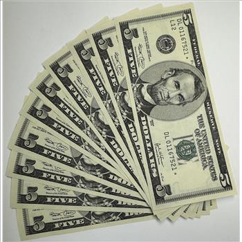 Lot of (10) CONSECUTIVE STAR NOTE REPLACEMENT ERROR 2003 $5 Federal Reserve Notes - Serial Numbers DL01167521* - DL01167530*