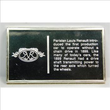 1974  2+ Troy oz Sterling Silver Proof Ingot Commemorating the 1899 RENAULT - Minted by the Franklin Mint, This is Only 1 of 100 Ingots Commemorating the 100th Anniversary of the 1st Successful Motor Car -  Only 5,330 Struck - 2.22