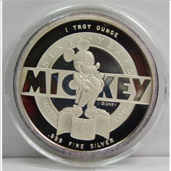 1988 MICKEY MOUSE - 60 Year Commemorative 1 oz .999 Fine Proof Silver Coin - Serial Number 43746 - Beautiful Gift Packaging