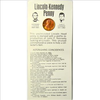Lincoln-Kennedy Penny, a 1974 Lincoln Head Penny stamped with a profile of John F. Kennedy looking at Lincoln.