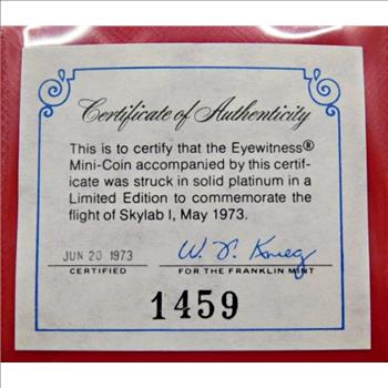 .9999 Fine Platinum 1973 PLATINUM 10mm 1.2 grams  Coin - Skylab II Eyewitness Mini Coin - Struck by the Franklin Mint to Commemorate Skylab I - In Small Red Wallet