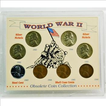World War 2 Coin Set (8) Coins (4) Silver War Nickels (1) Steel War-Time Penny & (3) Shell Case Pennies- All Minted In Different Alloys To Support The War Effort!