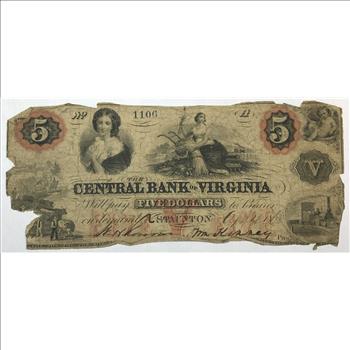1862 $5 Central Bank of Virginia Civil War Era Obsolete Bank Note