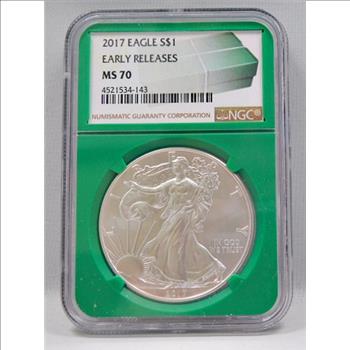 2017 American Silver Eagle - Early Releases Coin - Green Monster Box Label - Graded MS70 by NGC 