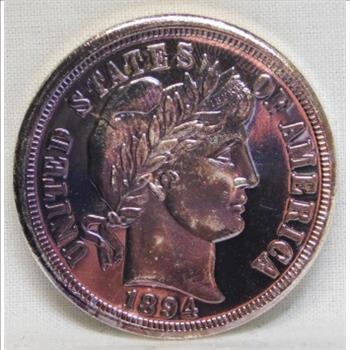 1894-S Barber Dime Silver Plated Replica - Large; About The Size of a Silver Dollar