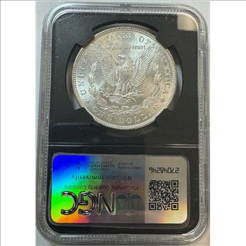 RARE Original Bag Series 1887 Morgan Silver Dollar w/Original Bag Fragment NGC Certified Brilliant Uncirculated