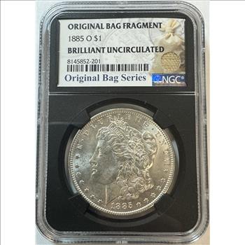 RARE Original Bag Series 1885-O Morgan Silver Dollar w/Original Bag Fragment NGC Certified Brilliant Uncirculated
