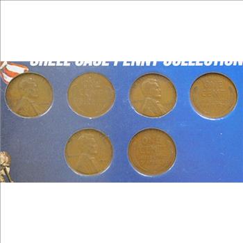 Shell Case Penny Collection - Lot of Six (6) 1944, 1945 and 1946 Pennies Made from Cartridge Cases From World War II in Display Case with Storyboard