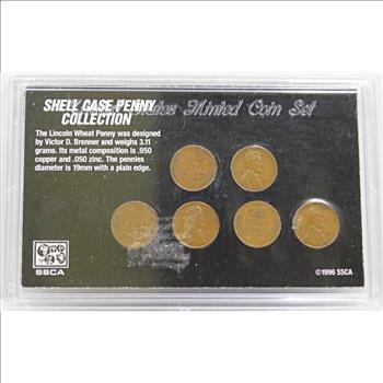 Shell Case Penny Collection - Lot of Six (6) 1944, 1945 and 1946 Pennies Made from Cartridge Cases From World War II in Display Case with Storyboard