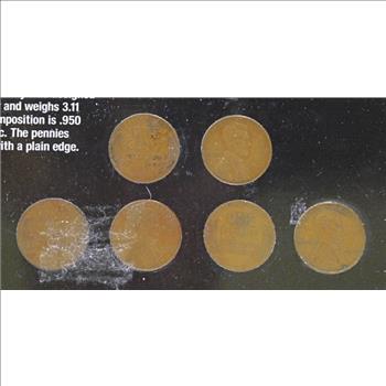 Shell Case Penny Collection - Lot of Six (6) 1944, 1945 and 1946 Pennies Made from Cartridge Cases From World War II in Display Case with Storyboard