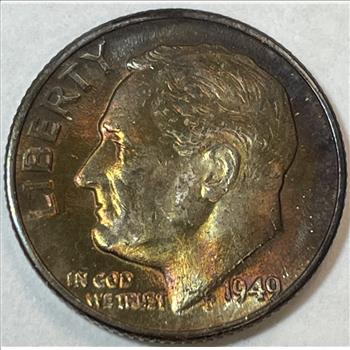 RAINBOW TONED 1949-D Roosevelt Silver Dime - Brilliant Uncirculated
