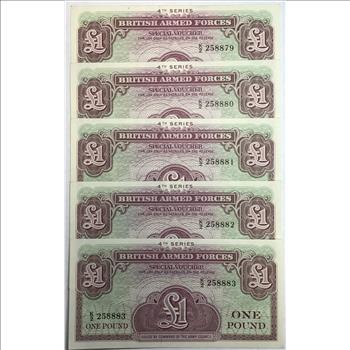 Set of 5 Consecutive Serial Numbered 4th Series British Armed Forces One Pound Notes - Crisp Uncirculated